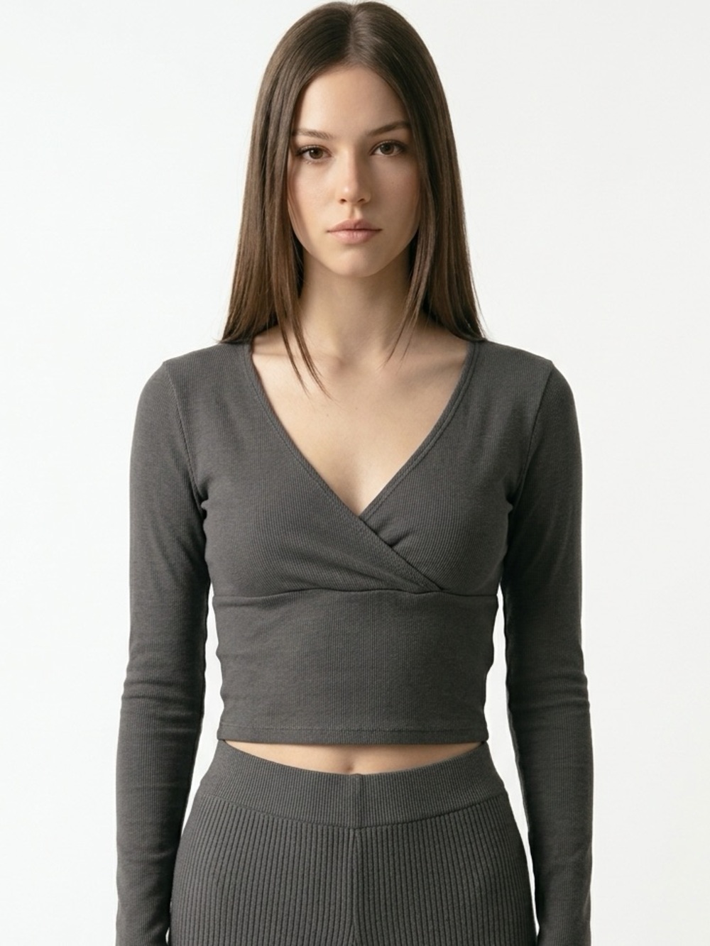 JOHN GALT | Charcoal Gray Wrap Crop Top V-Neck Long Sleeve Women’s One Size to M